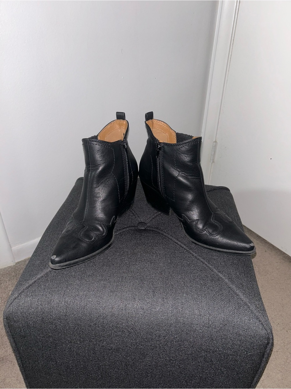 Indigo Black Pointed Leather Ankle Booties